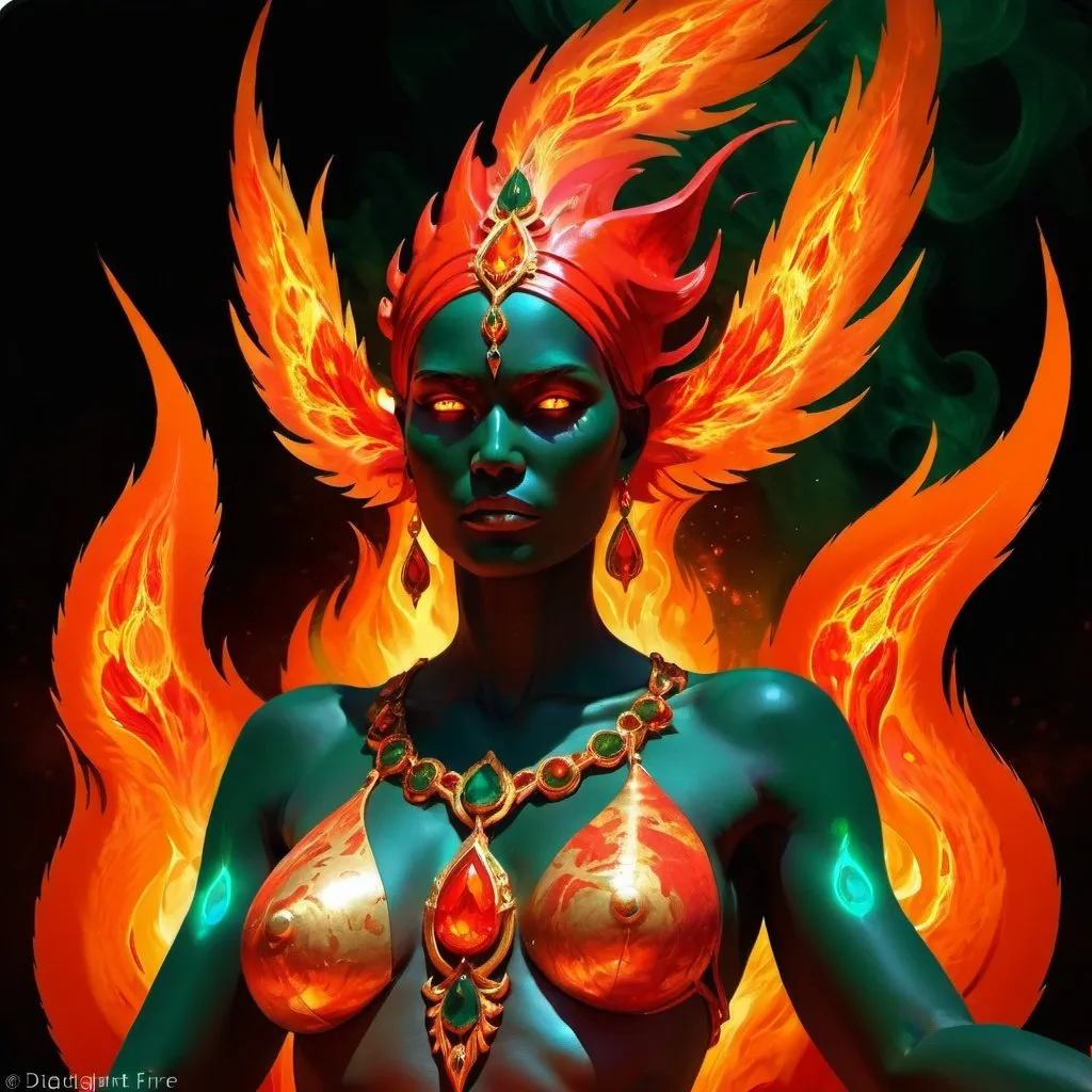 Prompt: The Judgement, dressed in glowing orange scarlet, vermillion, scarlet flecked gold and vermillion flecked gold and emerald, perpetual intelligence, The Spirit of the Primal Fire, Fire, Caza art, digital art
