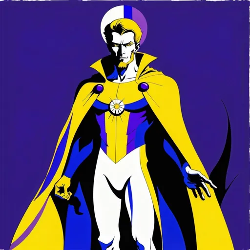 Prompt: A male human figure who personifying the Magus of Power, in  yellow, purple, gray and indigo rayed violet, digital art dramatic, graphic novel illustration,  2d shaded retro comic book