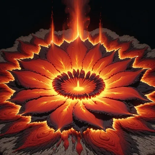 Prompt: A fire flower is growing on a tapestry of boiling magma, relentless,red energy aura,pure, supernatural,highly detailed, 4k resolution, masterpiece,vulcanic caldera scenario,digital art, Druillet art, 1980s 