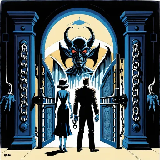 Prompt: Silk screen comic book illustration, A devil-like alien is standing in front of the gates of matter dragging with him a man and a woman chained, dressed in indigo and black, detailed,1960s retro futurism