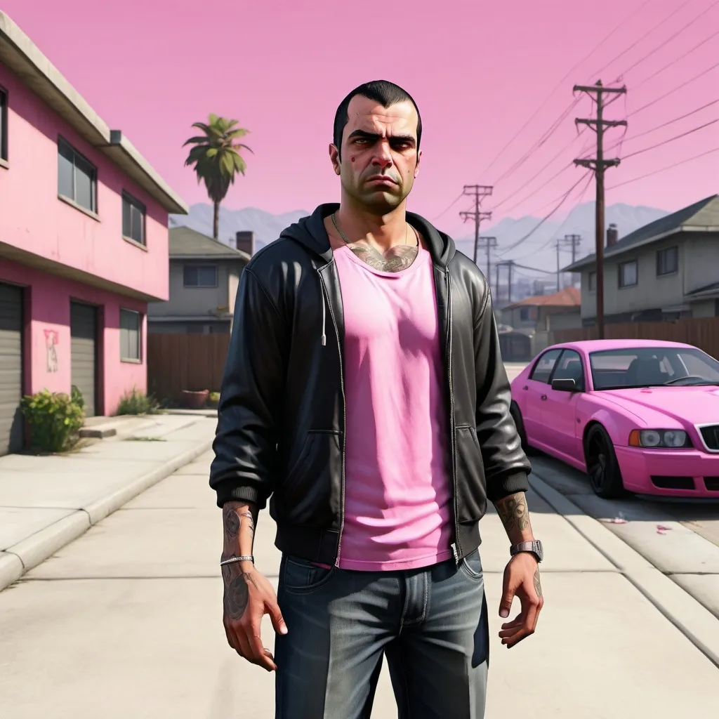 Prompt:  Slaneesh as a young criminal from GTA V,displaying his own power. ((desire,pleasure, fulfillment,pride,cruelty)),((pink,black,pale grey)),(( Full figure wiew)). ((Three quarter wiew)).((deep wiew)),modern suburbs scenario background,photographic,ultra high resolution,hyperdetailed, masterpiece, 3d modelling, digital art.