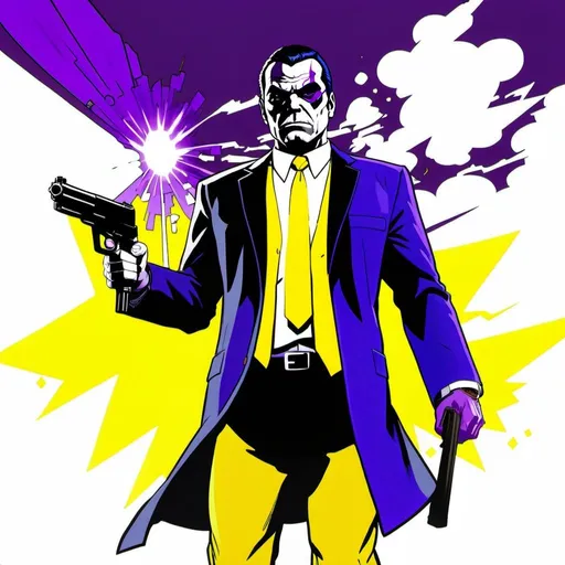 Prompt: GTA V cover art, A male human figure who personifying the Magus of Power, in  yellow, purple, gray and indigo rayed violet, breaking the law, cartoon illustration