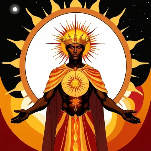 Prompt: A human figure who personifying the tarot of The Sun, dressed in orange, gold yellow, rich amber and amber rayed red, collecting intelligence, The Lord of the Fire of the World, Sun, Caza art, digital art
