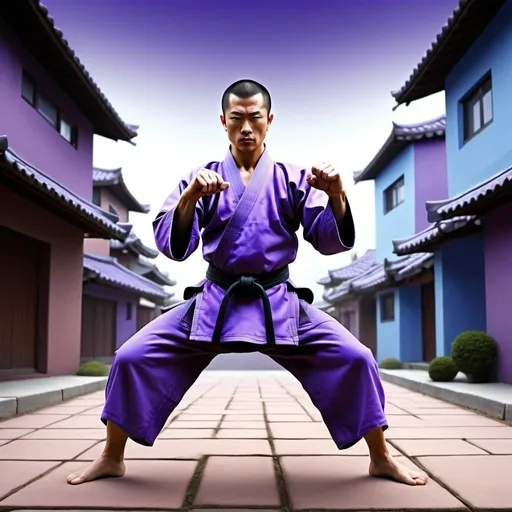 Prompt: a master of martial arts,displaying his own skills. ((changing, knowledge, defiance, plotting, foreseeing)),((violet,blue,purple)),(( Full figure wiew)). ((Three quarter wiew)),((deep wiew)),modern suburbs scenario background,photographic,ultra high resolution,hyperdetailed, masterpiece, 3d modelling, digital art.