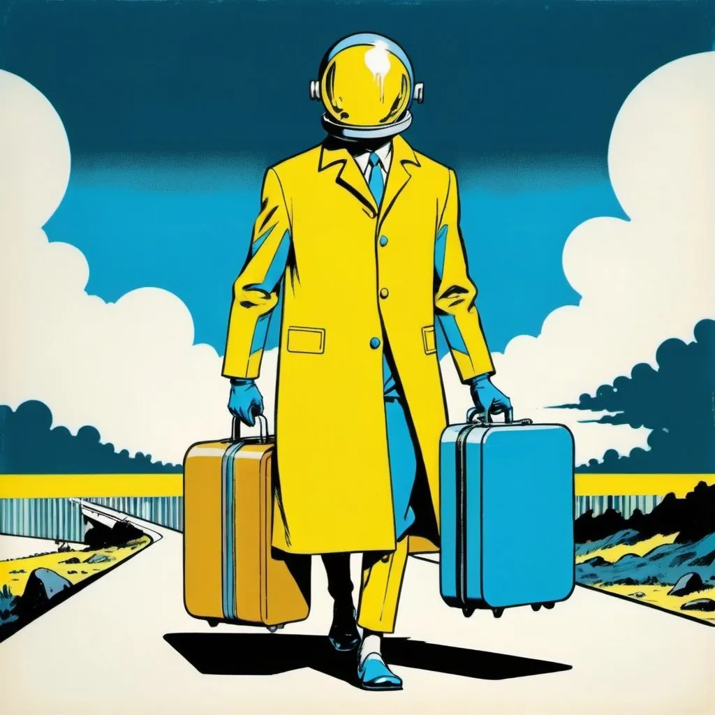 Prompt: Silk screen comic book illustration,A futuristic wanderer dressed in pale yellow and sky blue is wandering around carrying a suitcase,1960s retro futurism