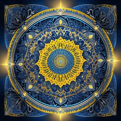 Prompt: A beautiful mandala that is starting from a square in the center, growing in electric blue light and chromed circuitry flecked with yellow,shining bright, growing in symmetrical designs and arabesques, adorned with silver, digital art, masterpiece, highly detailed, 4k resolution, abstract art, oriental art, digital art, photographic