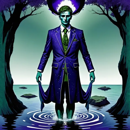 Prompt:  The Hanged Man, dressed in deep blue,sea green, deep olive green and white flecked purple, stable intelligence , the Spirit of the Mighty Waters, water, Caza art, digital art
