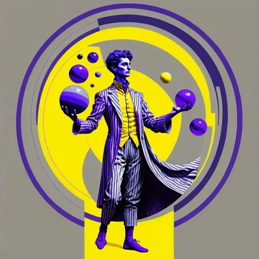 Prompt: the Juggler, dressed in purple, yellow, grey and indigo rayed violet, intelligence of transparency, the Magus of Power, Mercury, Caza art, digital art