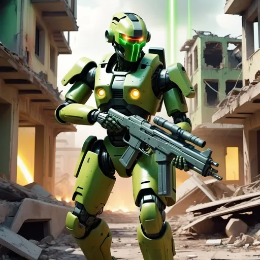 Prompt: A robotic soldier is moving trough a futuristic ruined town, relentless, green 
yellowish energy aura, he's armed with a laser rifle, firing at his forefront, supernatural, deadly, highly detailed, 4k resolution, masterpiece, 3d modelling,  futuristic battlefield scenario,digital art, Pontormo art, 1980s 