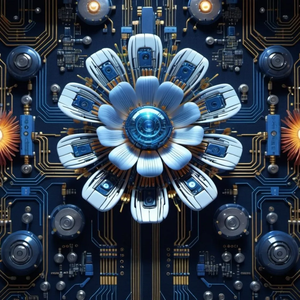 Prompt: A robotic flower is growing on a tapestry of circuits, relentless,blue energy aura,pure, supernatural,highly detailed, 4k resolution, masterpiece,futuristic factory scenario,digital art, Druillet art, 1980s 