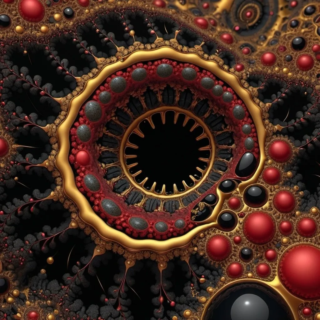 Prompt: 5+√(555×tan(15+15), fractal,crimson, gold and black, organic matter, cellular colony, deep wiew,4k resolution,hyperdetailed, masterpiece, 3d modelling, abstract art, digital art