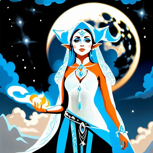 Prompt: An elf priestess dressed in white, silver and sky blue who is standing under the full moon displaying a freezing spell, fantasy character art, illustration, dnd, warm tone