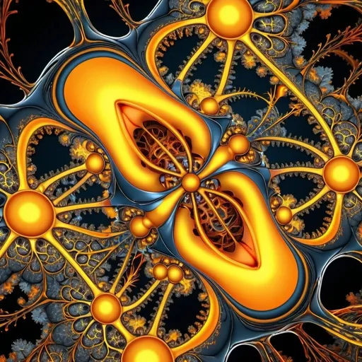Prompt:  an intricate neural system made of chromed steel, titanium, vanadium and iron, dominant yellow and orange color tonality, growing on a fractal background, brilliant colours, masterpiece, highly detailed, 4k resolution,  3d modelling, digital art, abstract art