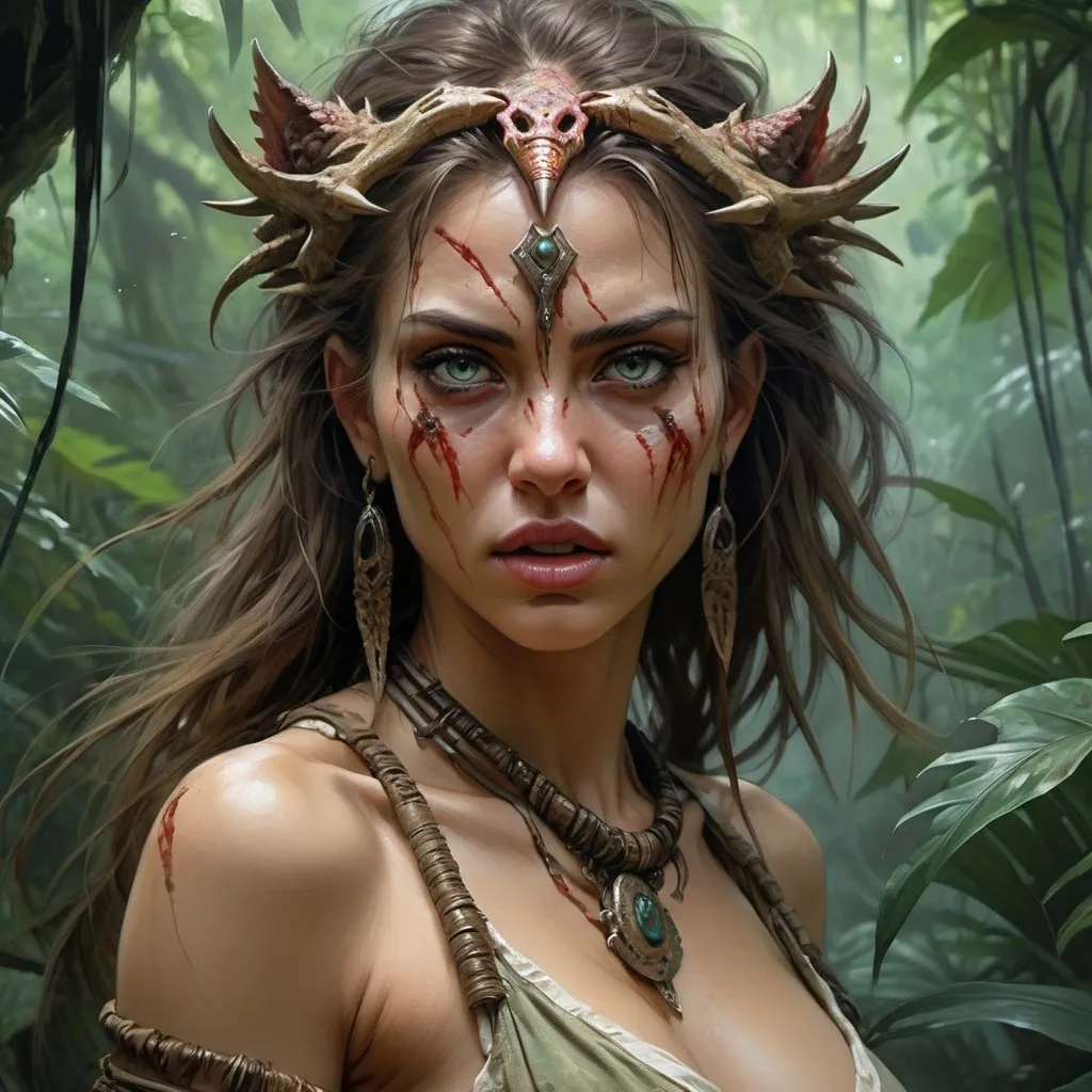 Prompt: A wild woman, predatorial eyes, devourer, very beautiful, highly detailed, 4k resolution, masterpiece,jungle scenario, Royo art,digital art




