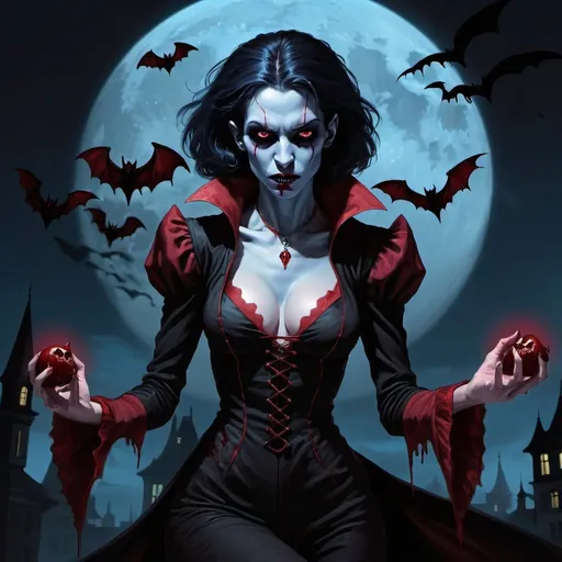 Prompt: An hungry vampire is seeking for blood ,nightcrawler, creature of the night, command with power, black, crimson and pale blue ,female, sweet, three quarter wiew, digital art