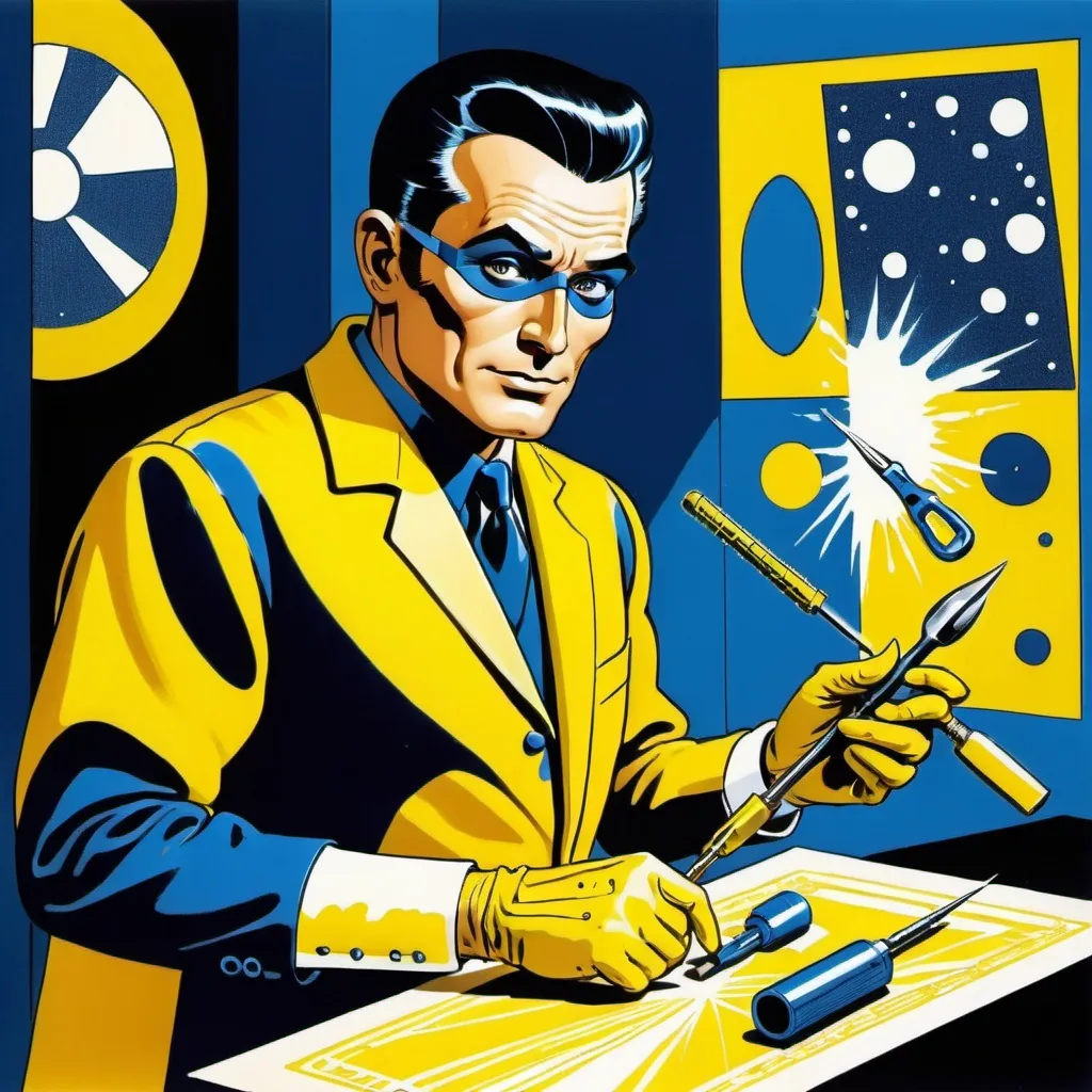 Prompt: Silk screen comic book illustration, A technological magician dressed in indigo and yellow who is displaying his art using his tools,1960s retro futurism