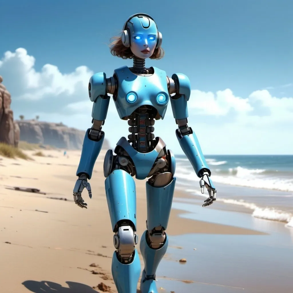 Prompt: A robotic girl is walking ahead on the beach, relentless,blue energy aura,ocean gateways, supernatural,highly detailed, 4k resolution, masterpiece,wasteland scenario,digital art, pulp illustration art, 1950s