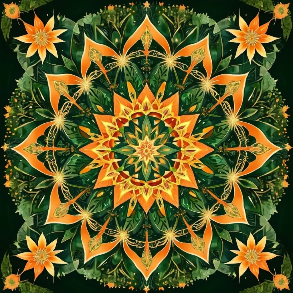 Prompt: A beautiful mandala that is starting from a eight pointed star in the center, growing in forest green leaves and orange flecked with yellow light, like the crown of a tree, shining bright, growing in symmetrical designs and arabesques, adorned with flowers, digital art, masterpiece, highly detailed, 4k resolution, abstract art, oriental art, digital art, photographic