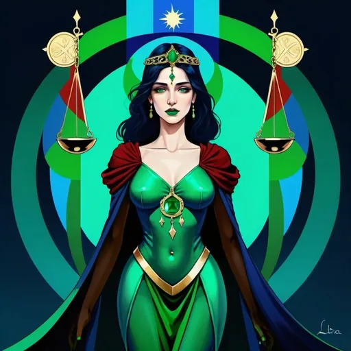 Prompt:  The Justice, dressed in emerald green,blue, deep blue green and pale green, faithful intelligence , The Daughter of the Lords of Truth,The 
Ruler of the Balance , Libra, Caza art, digital art