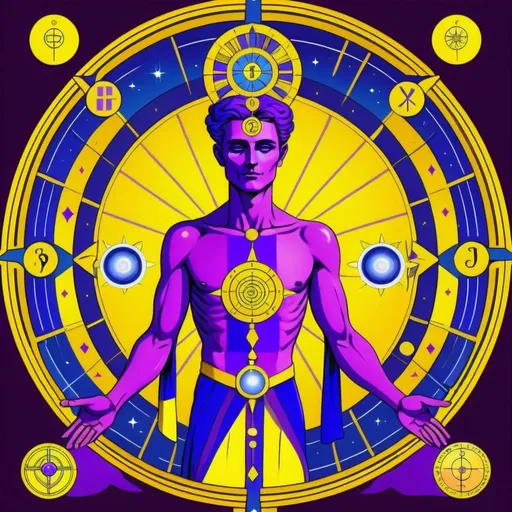 Prompt: A human figure who is the personification of the tarot of The Wheel of Fortune, dressed in violet,blue, rich purple and bright blue rayed yellow, intelligence of conciliation, the Lord of the Forces of Life, Jupiter, Caza art, digital art