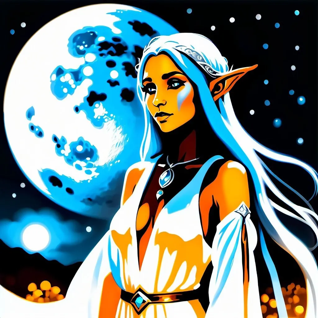 Prompt: An elf priestess dressed in white, silver and sky blue who is standing under the full moon displaying a freezing spell, fantasy character art, illustration, dnd, warm tone