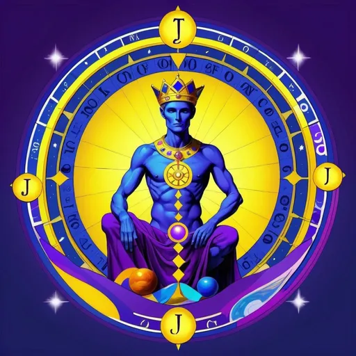 Prompt: A human figure who is the personification of the tarot of The Wheel of Fortune, dressed in violet,blue, rich purple and bright blue rayed yellow, intelligence of conciliation, the Lord of the Forces of Life, Jupiter, Caza art, digital art