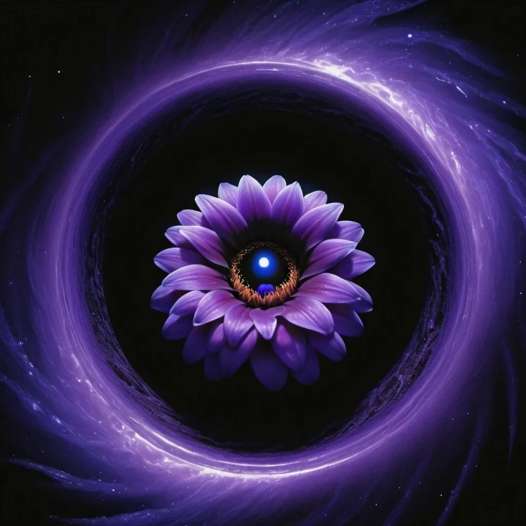 Prompt: A  flower is growing inside a black hole, relentless,purple and indigo energy aura,pure, supernatural,highly detailed, 4k resolution, masterpiece,warp space scenario,digital art, Druillet art, 1980s 