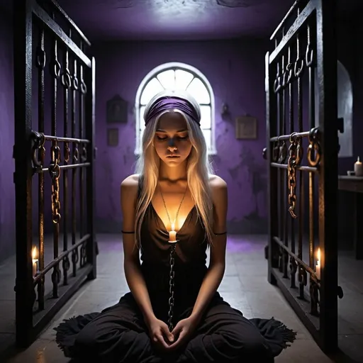 Prompt: Start with a dark jail bathed in a mysterious black light, creating a sense of confinement and secrecy. The jail should have intricate details like iron bars and chains, suggesting imprisonment or restraint, BREAK
In the center of this room, depict a (((beautiful))) darkskin androgen with long white hair, blindfolded with a black cloth. She should be in a prayerful pose, offering her prayers with an expression of serene solemnity. Her beautiful unique features, like alabaster skin and possibly discernible white hair, should stand out against the dark setting, BREAK
Include details like flickering candlelight in the foreground, casting a warm glow and creating shadows that dance across the girl and the room. The candlelight should provide the main source of illumination, adding to the mystical and somber atmosphere, BREAK
Apply a shallow focus effect to the image, where the girl and the nearest elements like the candlelight and some of the chains are in sharp focus, while the background, including parts of the room and some iron bars, softly blur into the purple light, BREAK
Ensure the overall atmosphere of the image is one of solemnity and mystery, with the androgen's sacred presence and the room's eerie ambiance synergistically creating a powerful visual narrative.