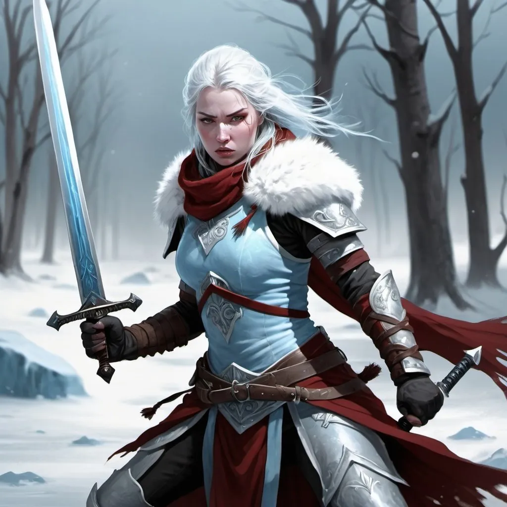 Prompt: A winter warrior is fighting armed with a sword, battles in the north,icy creature, warrior, command with power, white, dark red and pale blue ,female, sweet, three quarter wiew, digital art