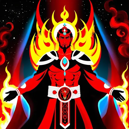 Prompt: The Emperor, dressed in red, scarlet, brilliant flame and glowing red, constituiting intelligence, The Son of the Morning, chief among the 
Mighty, Aries,  Caza art, digital art