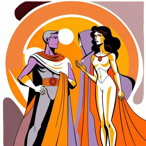 Prompt:  Two human figures, one male and one female whom personifying the Oracle of the Mighty Gods, in orange, pale mauve, new yellow leather and reddish grey inclined to mauve, dramatic, graphic novel illustration,  2d shaded retro comic book