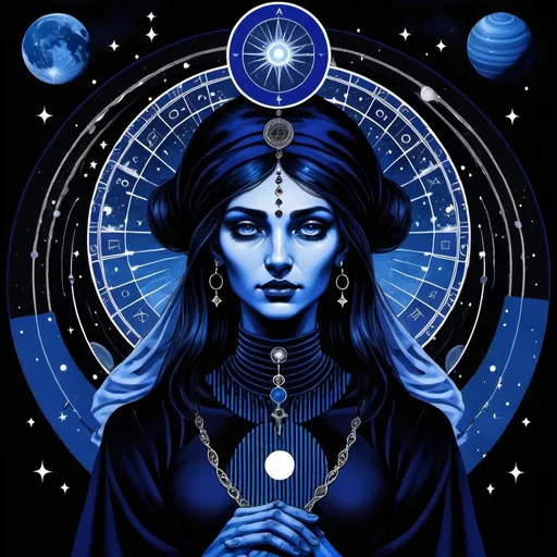 Prompt: A human figure who personifying the tarot of The Universe, dressed in indigo, black, blue black and black rayed blue, administrative intelligence, the Great One of the Night of Time, Saturn, Caza art, digital art