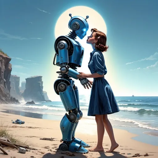 Prompt: A robotic girl is kissing a boy on the beach, relentless,blue energy aura,ocean gateways, supernatural,highly detailed, 4k resolution, masterpiece,wasteland scenario,digital art, pulp illustration art, 1950s