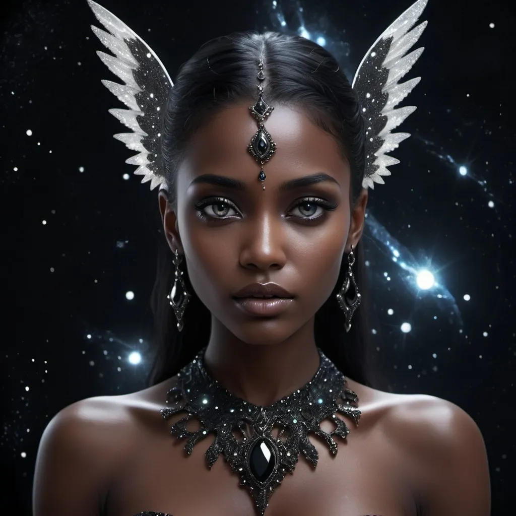 Prompt: (((This is a dark image))). Generate a dark celestial woman with ((extremely perfect)) eyes and (((pure black galaxy skin))). Her ((onyx black)) but (soft) face should be highly detailed and realistically shaded with puffy lips. (((Her face is important.))) Her wings are delicate but stunning, with many small fantasy details. This is a (((masterpiece))). Utilize dynamic composition and expressions to create a cinematic experience. Include glittering and delicate jewelry. The background of the image should be pure back, leaving the woman as the focal point of the image. ((dark celestialskin body, void cosmic body)), ornate, (((dark background))), (((lights off))), (((hollywood dark))), horror, dramatic shadows, (in a dark fantasy space:1.3, glitter, sparkle, gleam),