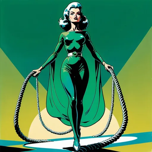 Prompt: Silk screen comic book illustration,a futuristic woman dressed in emerald green and blue is walking on an endless thin rope and balancing herself, detailed, 1960s retro futurism