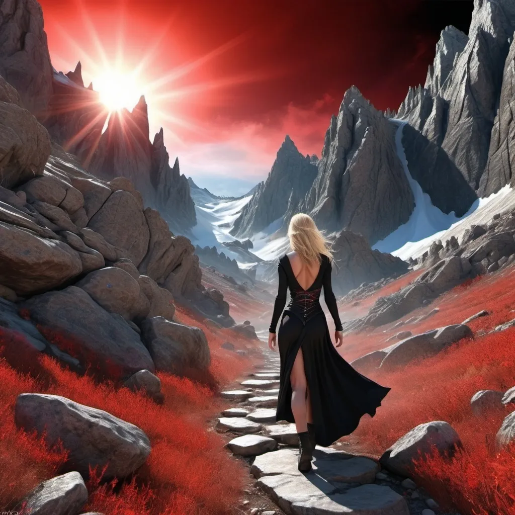 Prompt: π×(9+2+3)^(2)+1123369853, a beautiful woman is walking trough a rocky mountains scenario. She is a warrior and she is dressed in black and scarlet. She is blonde and has((demonic eyes)),((dark energy aura)),three quarter wiew, fractal,((deep wiew)),((changing perspectives)), warped space background, rocky mountains scenario,photographic,ultra high resolution,hyperdetailed, masterpiece, 3d modelling, abstract art.