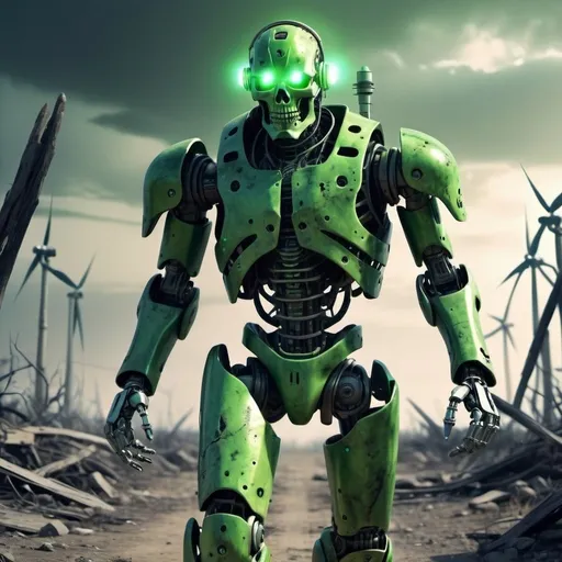 Prompt: A robotic undead warrior is walking ahead, relentless,green energy aura,the end complete, supernatural,highly detailed, 4k resolution, masterpiece,wasteland scenario,digital art

