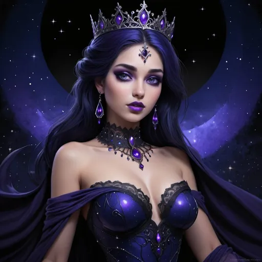 Prompt: A beautiful woman, princess of the night,high resolution, highly detailed,Nyx, the Night,indigo, purple and black ,female, sweet, three quarter wiew,entire figure from head to toe,digital art