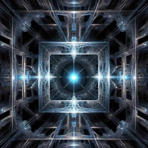 Prompt: 77^(3), an alien entity is entering the hypercube dimension((changing perspectives)). the alien entity has no definite shape and is made of a mix of energy and matter. fractal,deep wiew,ultra high resolution,hyperdetailed, masterpiece, 3d modelling, abstract art, digital art.
