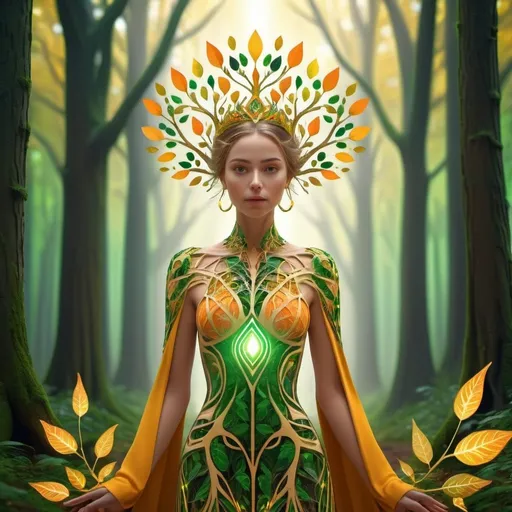 Prompt: A beautiful woman is walking in the middle of a forest, she's offering her hand, growing like a crown of a tree, green, orange and gold,like a living organism, shining bright, dressed with symmetrical designs of leaves and arabesques, adorned with yellow lights, masterpiece, highly detailed, 3d modelling, 4k resolution, abstract art, digital art, photographic