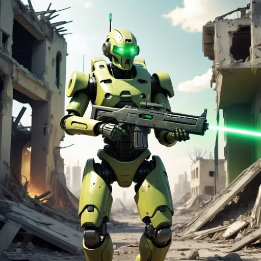 Prompt: A robotic soldier is moving trough a futuristic ruined town, relentless, green 
yellowish energy aura, he's armed with a laser rifle, supernatural, deadly, highly detailed, 4k resolution, masterpiece, 3d modelling,  futuristic battlefield scenario,digital art, comic illustration art, 1980s 