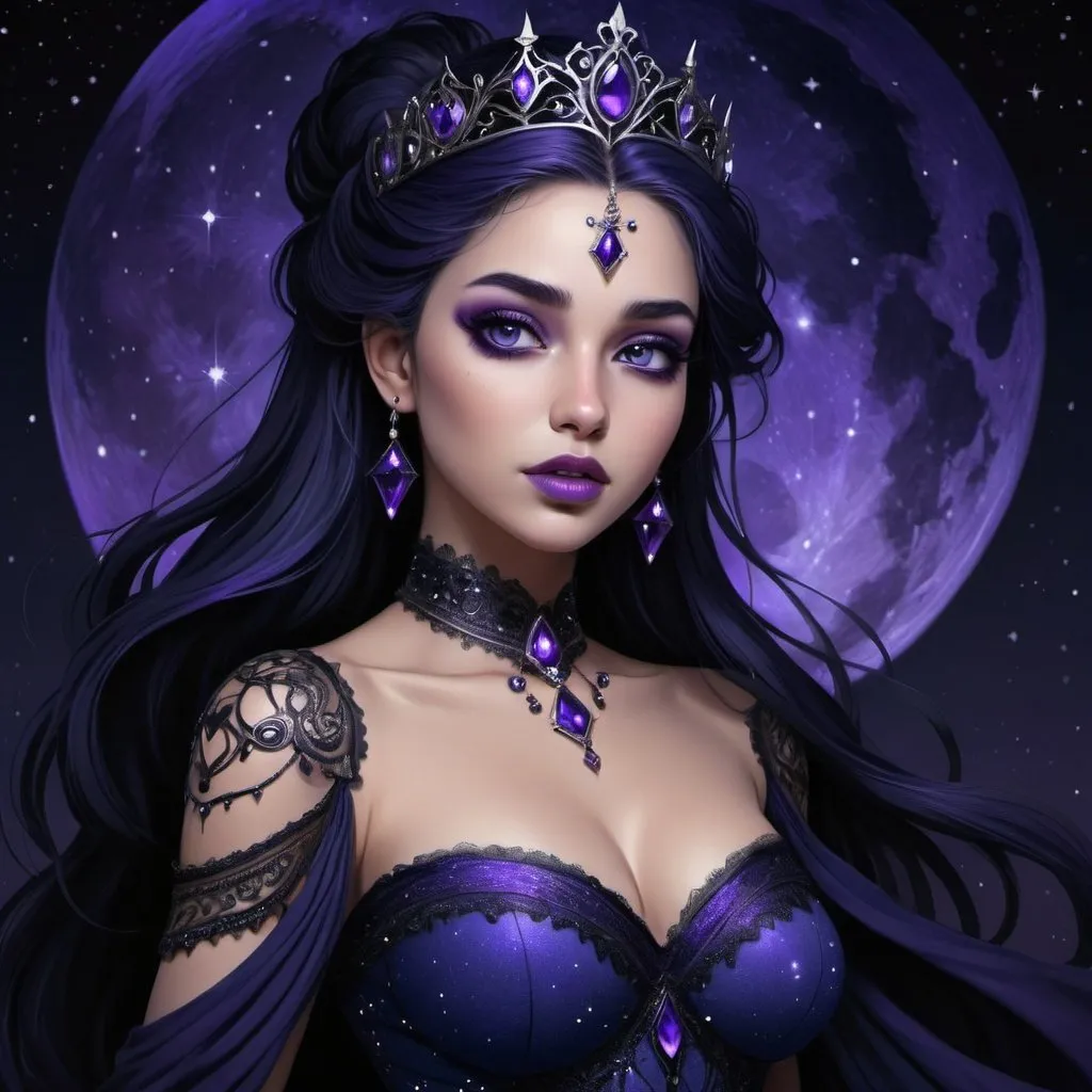 Prompt: A beautiful woman, princess of the night,high resolution, highly detailed,Nyx, the Night,indigo, purple and black ,female, sweet, three quarter wiew,entire figure from head to toe,digital art