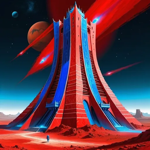 Prompt: The Tower, dressed in scarlet, red, venetian red and bright red rayed azure, exciting intelligence, the Lord of the Hosts of the Mighty, Mars, Caza art, digital art