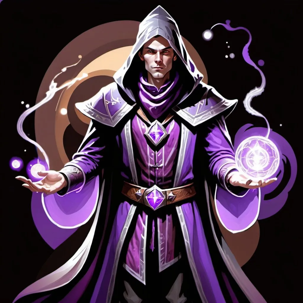 Prompt: A human wizard dressed in purple and gray who is displaying his mercurial power , fantasy character art, illustration, dnd, warm tone