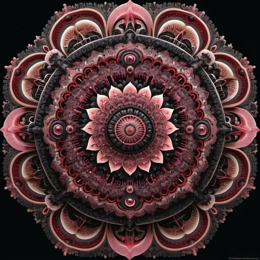 Prompt: 7+√(777×tan(7+7), mandala, centered,dark red, pink flesh and coal black, organic matter, cellular colony, fractal,hyperdetailed, masterpiece, 3d modelling, deep,abstract art, digital art