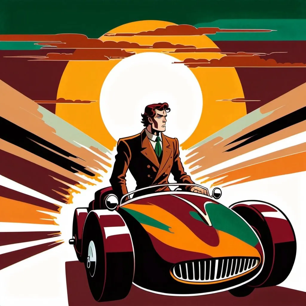 Prompt: A male human figure, who personifying the Lord of the Triumph of Light driving a car, in amber, maroon, rich bright russet and dark greenish brown, dramatic, graphic novel illustration,  2d shaded retro comic book