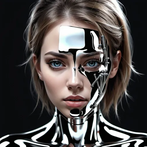 Prompt:  A beautiful girl made of Chromed stainless steel with steel rods, painkiller,portrait, three quarter wiew, masterpiece, 8k resolution, abstract art,digital art
