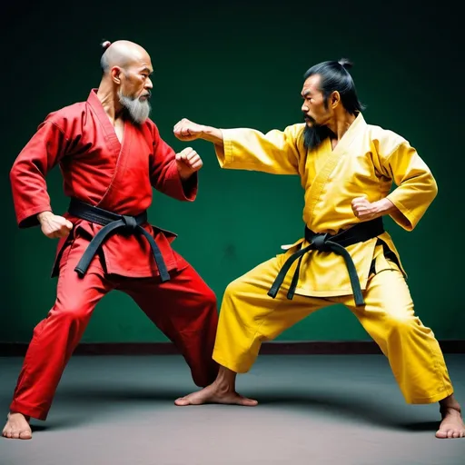 Prompt: two masters of martial arts,displaying their own skills.((one is brutally cunning and the other is cunningly brutal)).((rude,brutal,strenght,badass,boss,ugly,primordial)),((green,yellow, black, red)),(( Full figure wiew)). ((Three quarter wiew)),((deep wiew)),modern suburbs scenario background,photographic,ultra high resolution,hyperdetailed, masterpiece, 3d modelling, digital art.