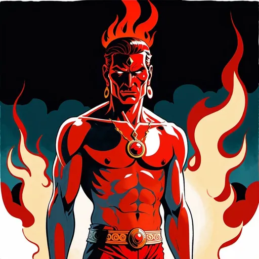 Prompt: A male human figure who personifying the Son of the Morning the Chief among the Mighties, in scarlet, red, brilliant flame and glowing red, dramatic, graphic novel illustration,  2d shaded retro comic book