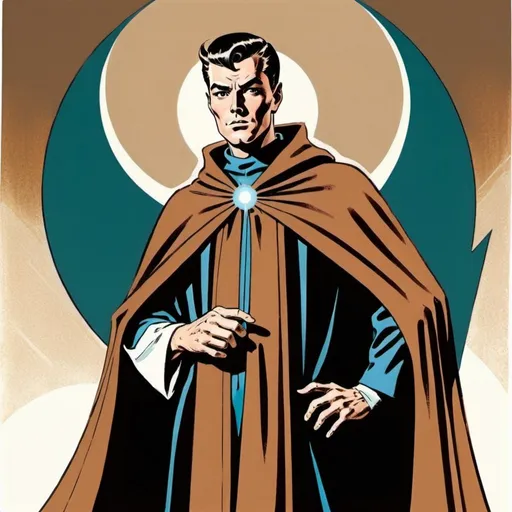 Prompt: Silk screen comic book illustration, male wizard wearing a robed mantle, brown pompadour haircut, pale, 1960s retro futurism
